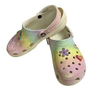 Crocs Classic Ombre Charm Clog Juniors 6 Rainbow Unicorn Glitter Girls Some Wear